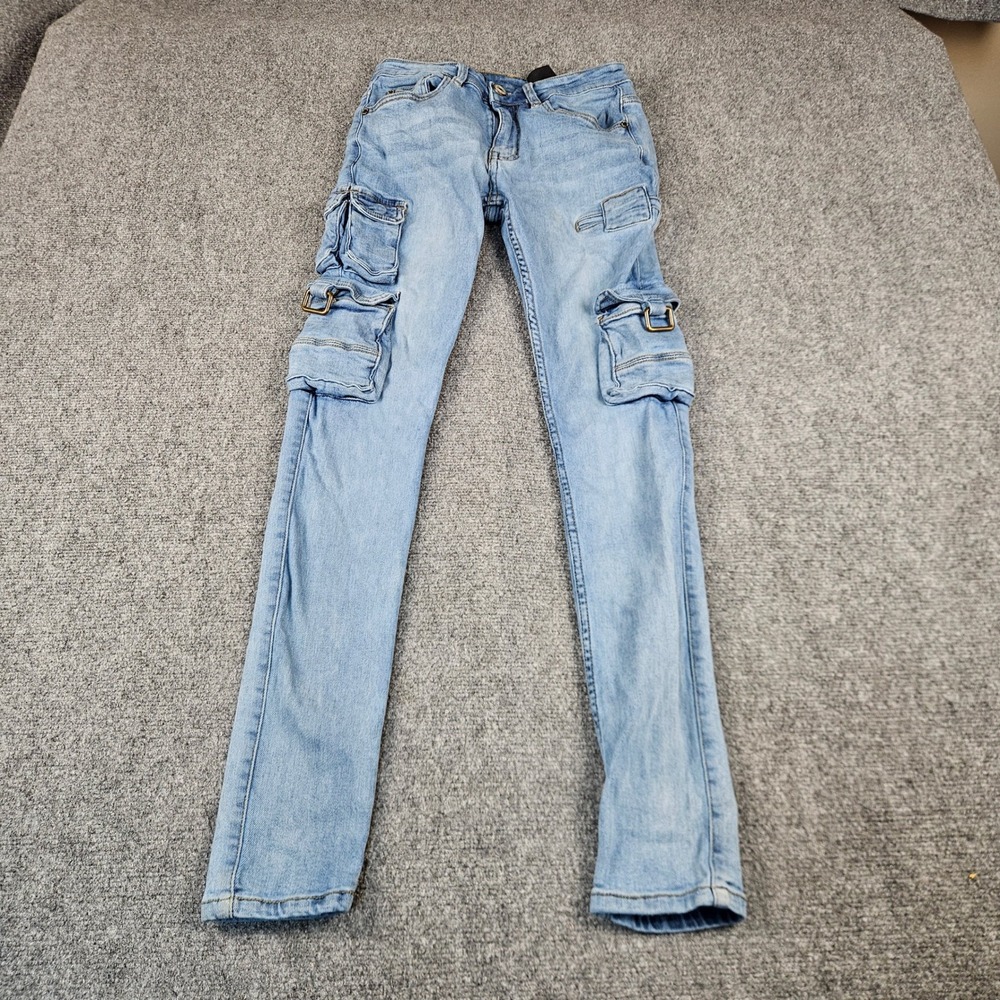 Serenede Mens Skinny Cargo Jeans Light Wash Blue Multi Pocket Buckle